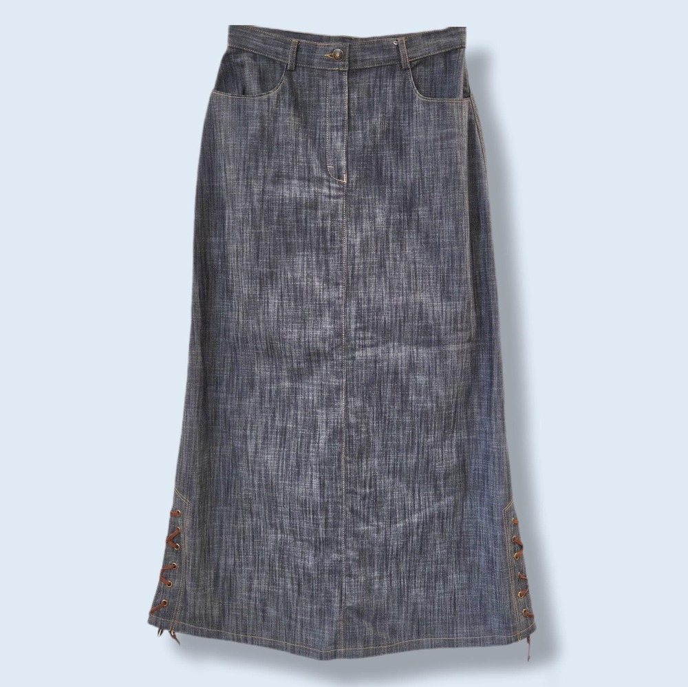 VintageY2K long denim skirt, western lace‑up sides, size 8